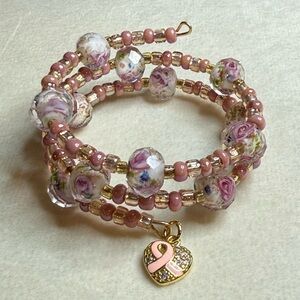 Floral Pink Beaded Bracelet with Pink Ribbon Charm Handmade